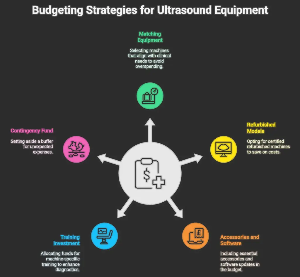 Budgeting Tips for Portable Ultrasound and Clinic Setup Assess your clinical needs: Choose a portable ultrasound machine with features tailored to gynecology and obstetrics to avoid overspending on unnecessary capabilities. Consider refurbished machines: Buying certified refurbished high-tier machines can offer better value than new mid-tier models2. Plan for accessories: Budget for multiple transducers if you plan to offer a range of ultrasound services. Factor in training: Allocate funds for staff training on ultrasound machine use and maintenance. Include contingency: Keep a buffer (10-15%) for unexpected expenses during setup.